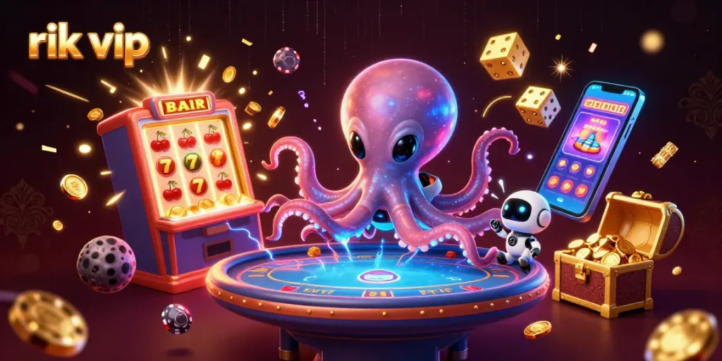 Engage with rik vip at a vibrant alien casino scene featuring 3D characters and dynamic gaming elements.