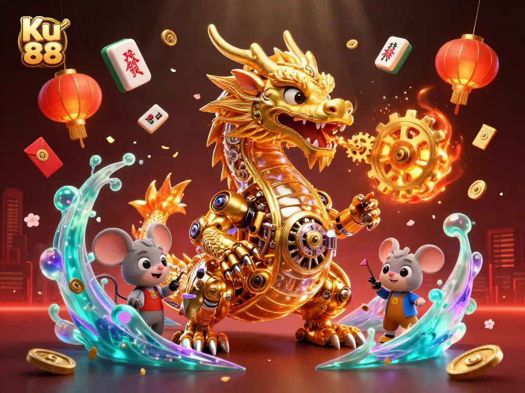 Engage in dynamic gaming with Ku 88's immersive golden dragon casino illustration.