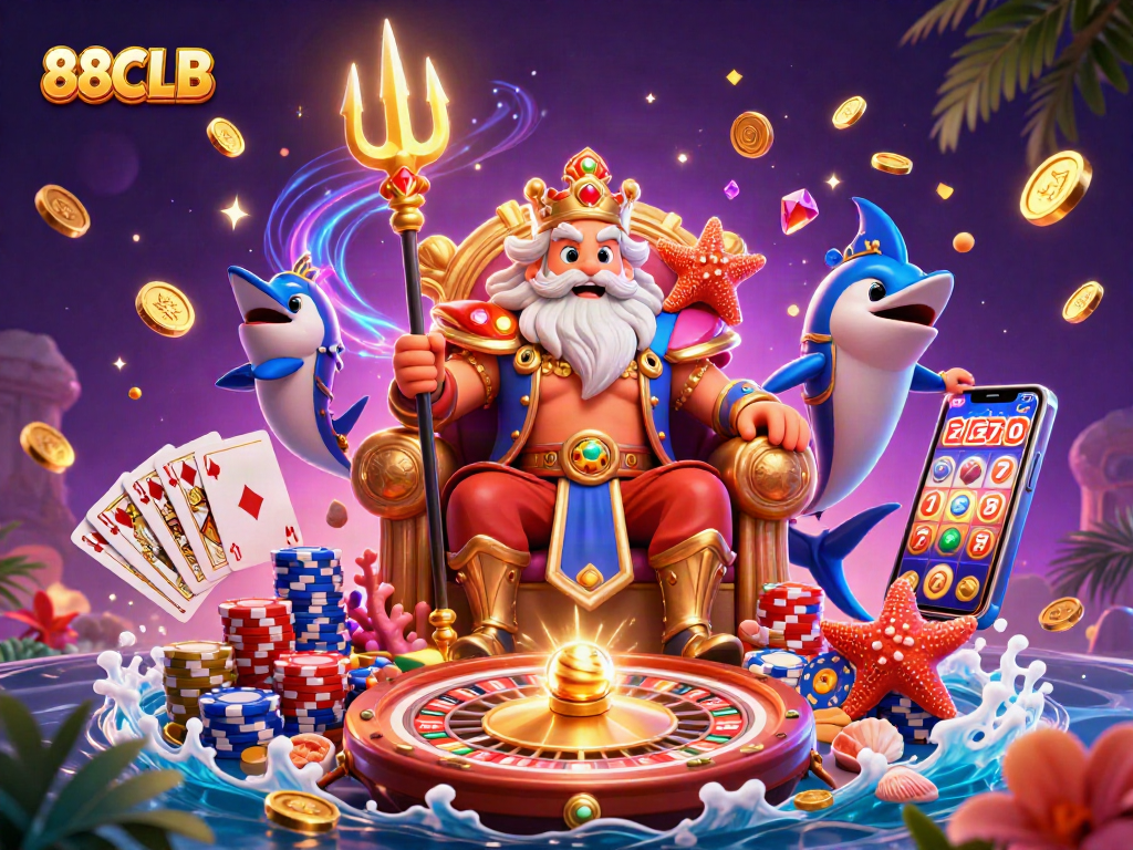 Engage with 88CLB’s vibrant casino scene featuring Neptune amidst dynamic gambling elements.