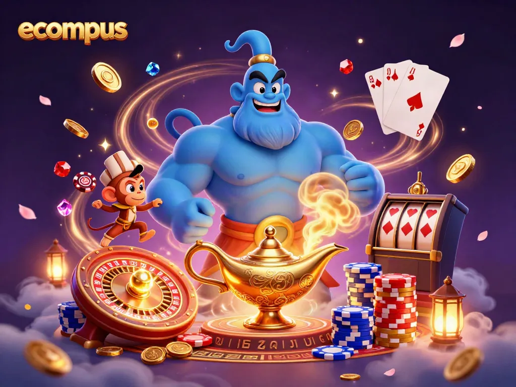 Experience the magic of ecompus with a lively scene featuring a genie, monkey, and poker elements.
