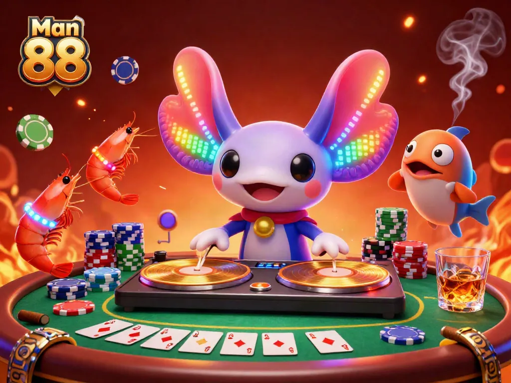 Experience thrilling gameplay at Man 88 with vibrant characters dancing around a poker table filled with excitement.