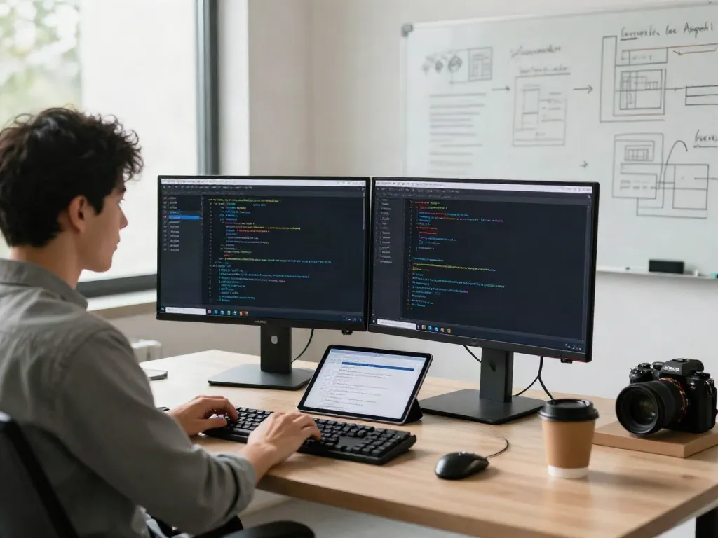 Developer coding with dual monitors in a modern office focused on instant indexing strategies.