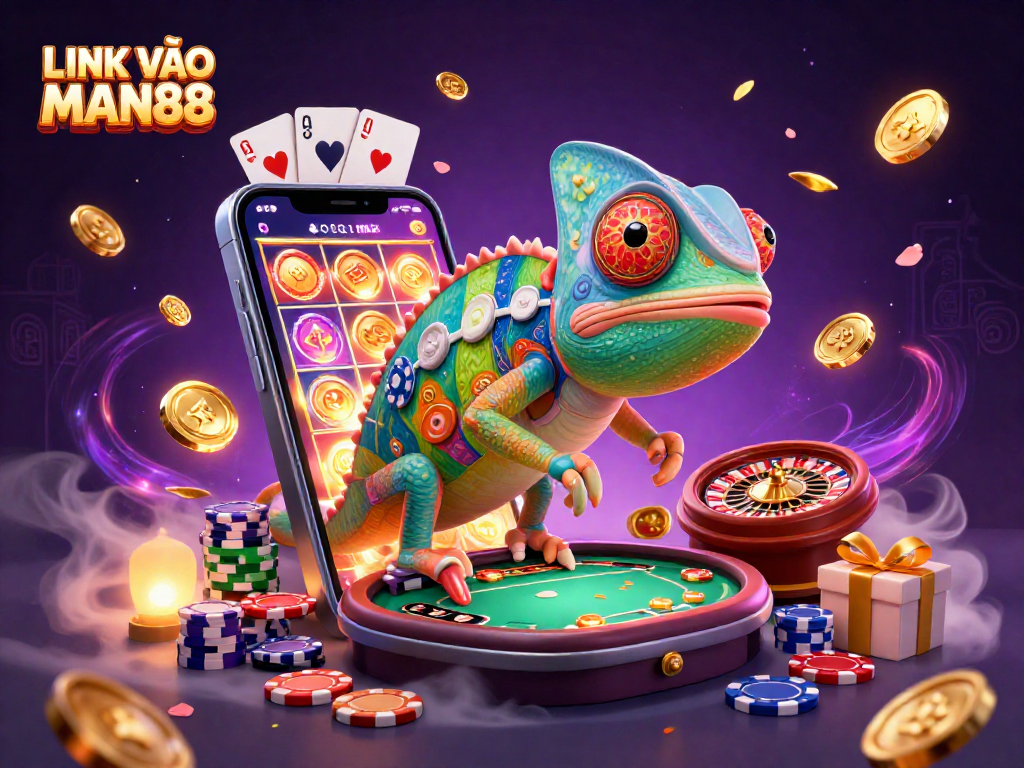 Engage with LINK VÀO MAN88 in a vibrant casino scene showcasing a chameleon owner amidst dazzling games.