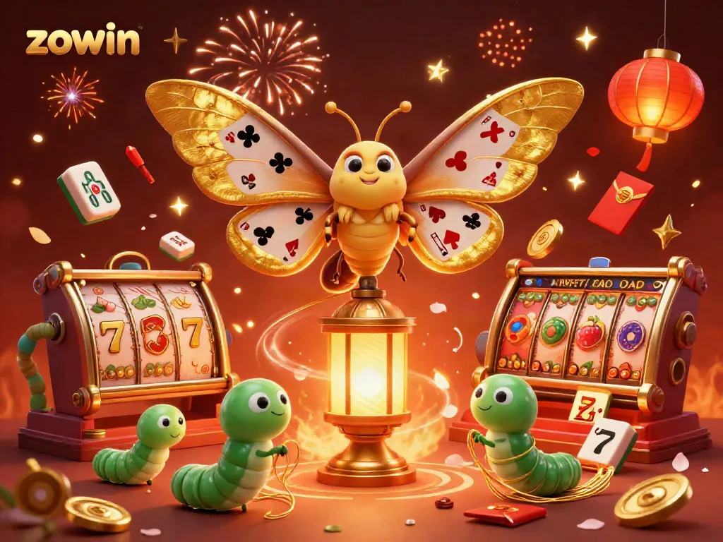 Experience the vibrant world of zowin with a 3D casino-themed celebration featuring golden moths and slot reels.