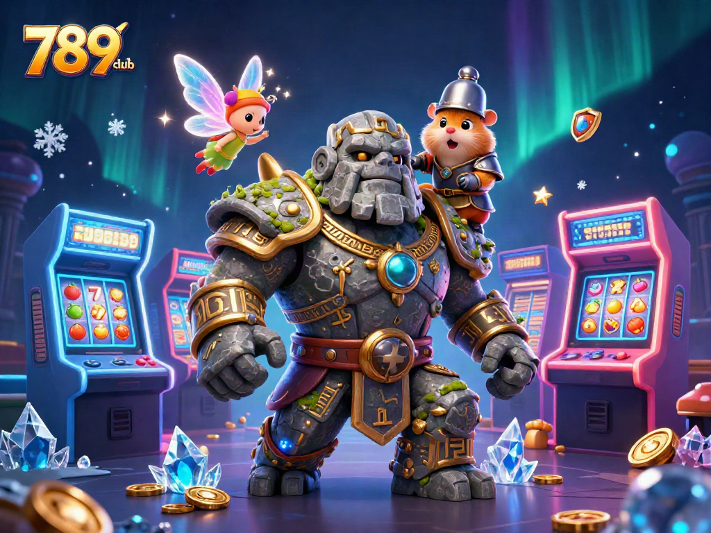 Engage with 789club's 3D casino magic featuring a golem guardian and colorful gaming machines.