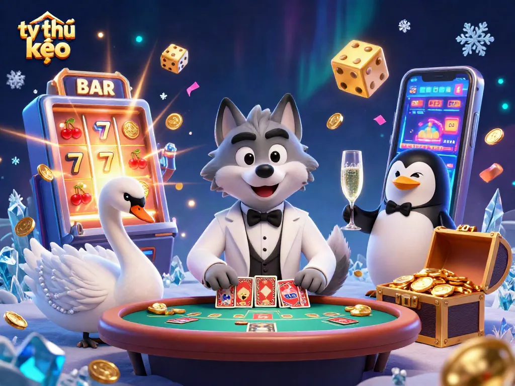Experience thrilling tỷ lệ kèo action as characters gather around dynamic casino elements in an immersive illustration.