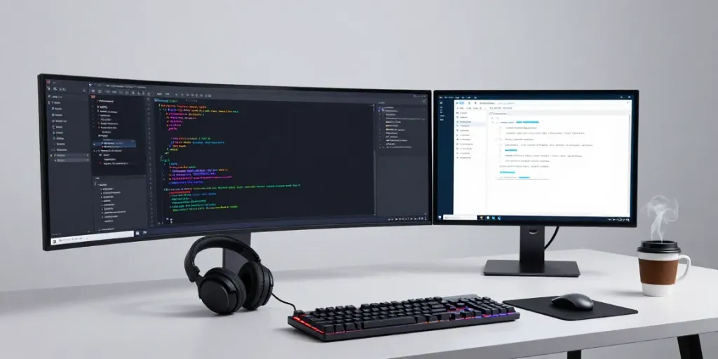 .uk domain search showcasing a modern developer workspace with coding and technology integration.