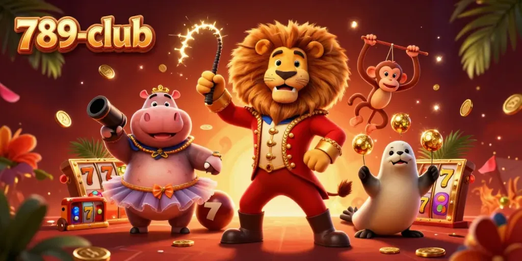 Engage in spectacular games at 789-club with exciting 3D carnival characters amidst vibrant casino elements.
