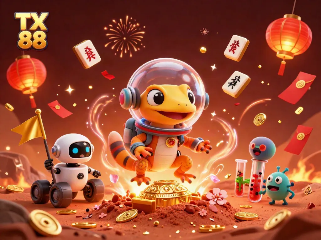 Engage in thrilling adventures with TX 88, showcasing a Martian gecko at a vibrant casino.