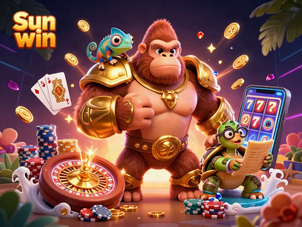 Experience thrilling gambling adventures with Sun win as the gorilla king cheers with treasures.