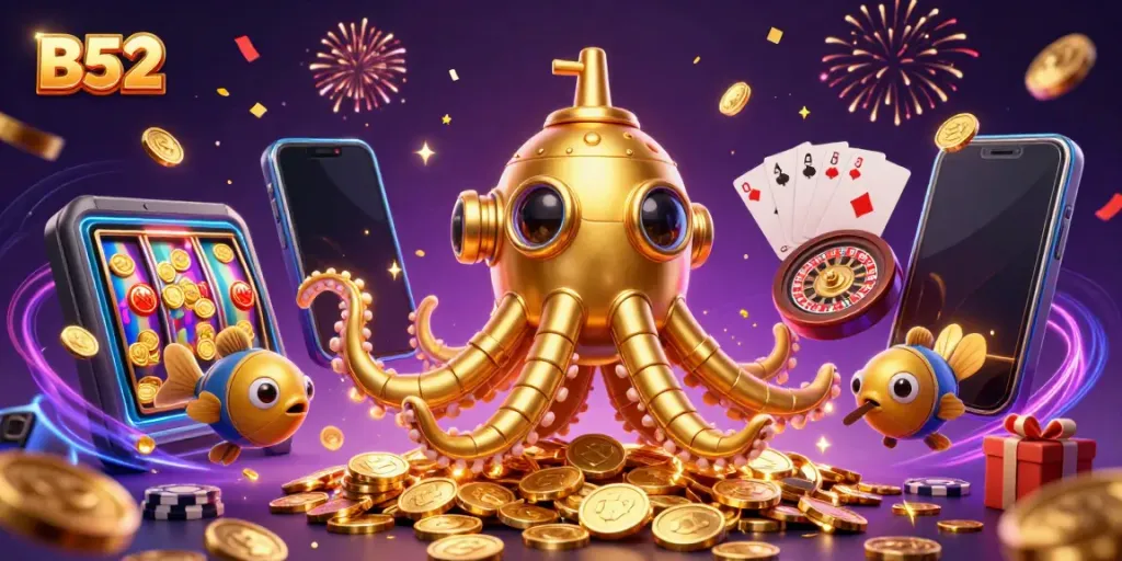 Engage with B52 slot adventure featuring a kraken submarine, golden coins, and casino game elements.