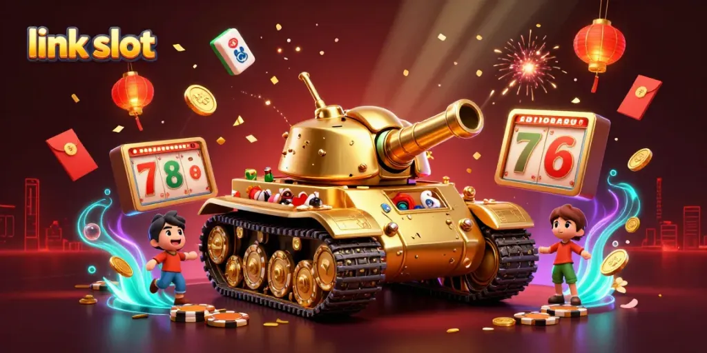Experience a vibrant 3D scene with the link slot theme, showcasing a golden beetle tank revealing a mini casino and dynamic game elements.