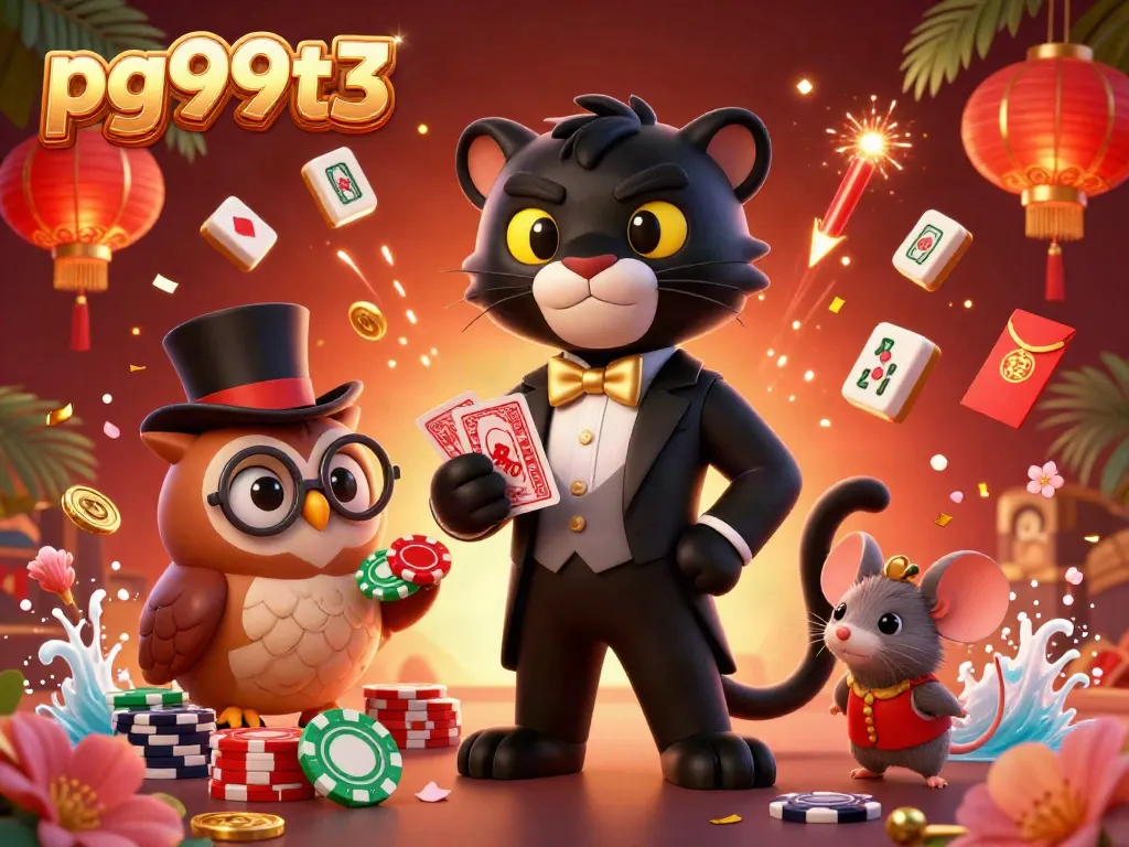 Experience winning moments with pg99t3 in this vibrant 3D casino illustration featuring playful characters and game elements.