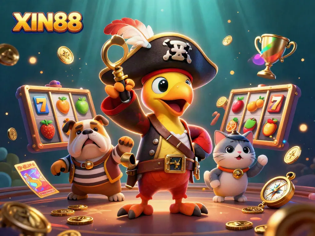 XIN88 captivates players with a vibrant casino-themed 3D illustration featuring lively characters and dynamic slot elements.