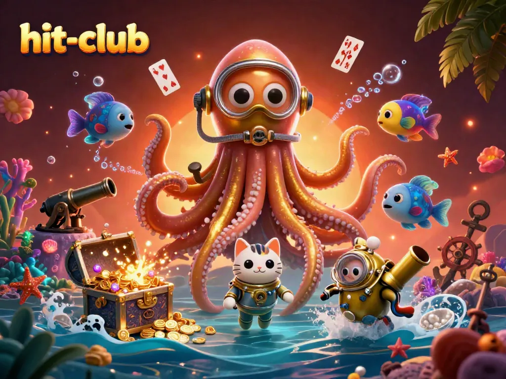 Experience winning thrills with hit-club's colorful sea adventure of a kraken and diver amidst dazzling treasures.