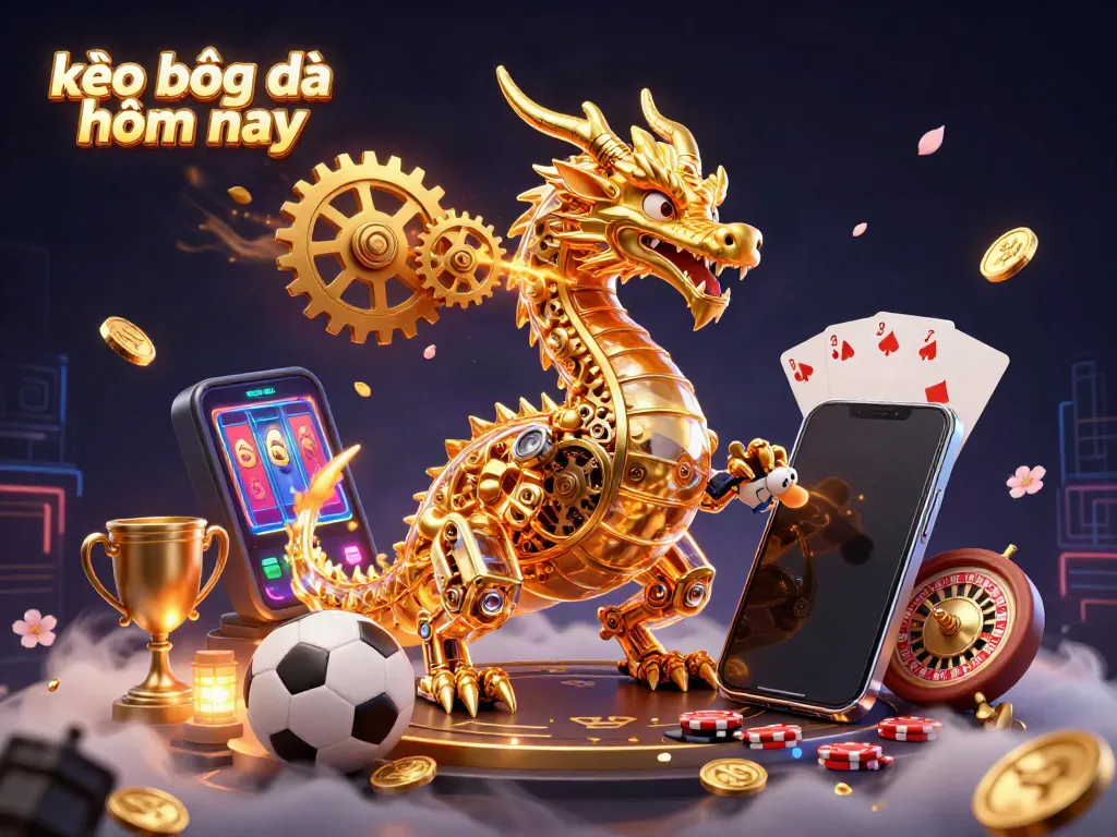 Engage with kèo bóng đá hôm nay through vibrant 3D casino elements, including a golden dragon and immersive gaming symbols.
