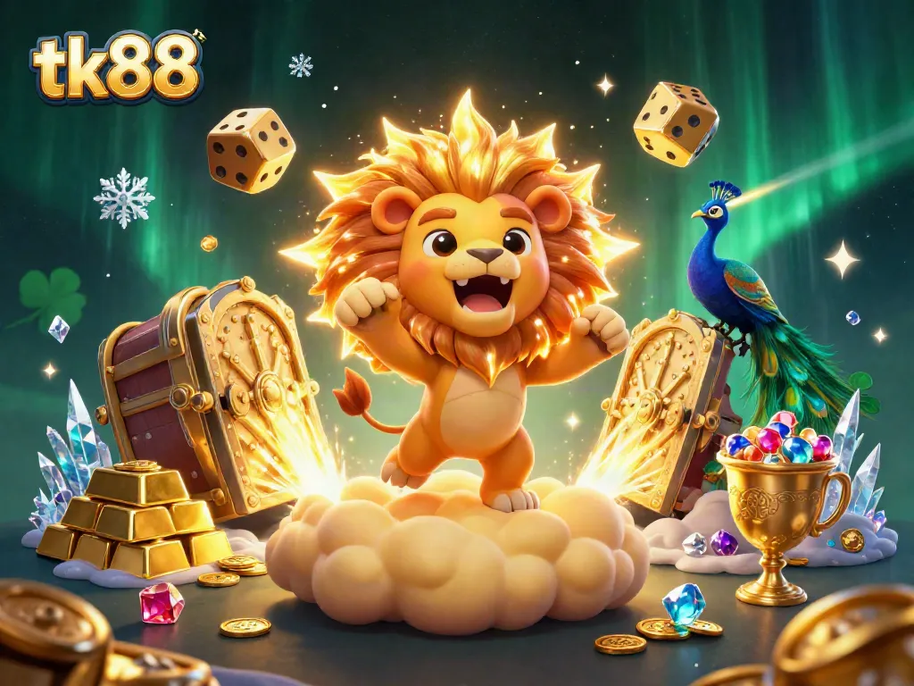 Engage in exciting gameplay at tk88 with a vibrant 3D illustration depicting roaring sun lion, golden treasures, and thrilling casino elements.