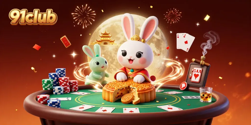 Play exciting games on 91club with energetic characters, vibrant poker chips, and festive elements.
