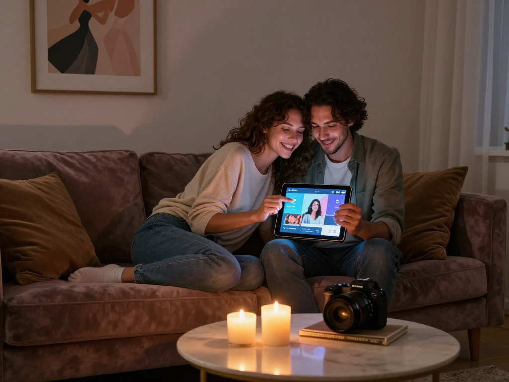 Couple exploring ai sex through interactive device in a romantic setting.