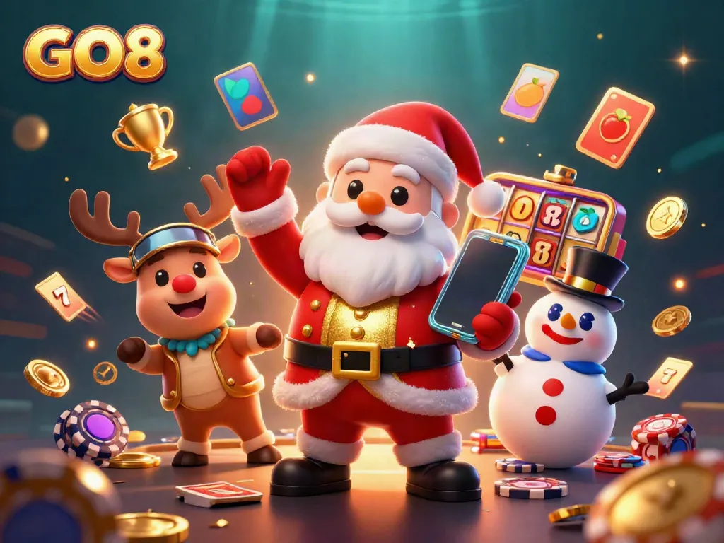 GO8 festive illustration featuring Santa with jackpot slots, reindeer dealer, and poker chip snowman.