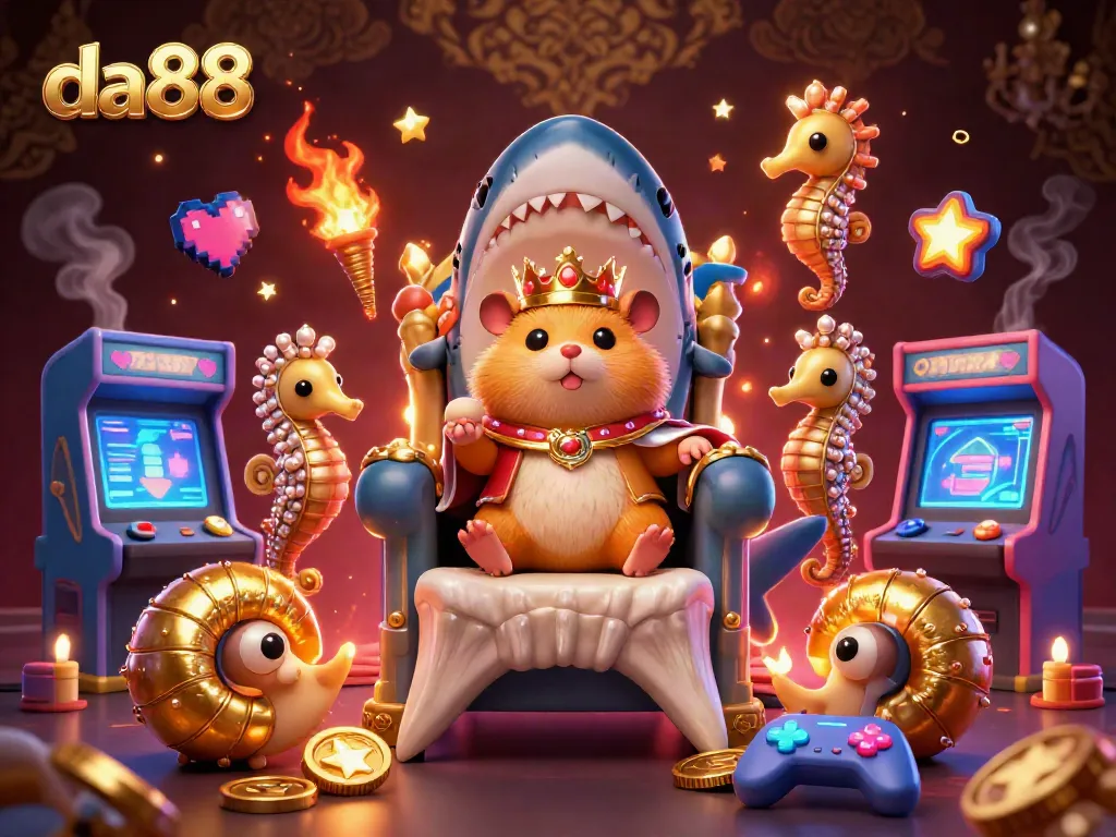 Engage with thrilling da88 casino games in a vibrant underwater scene featuring a golden hamster king and seahorse guards.