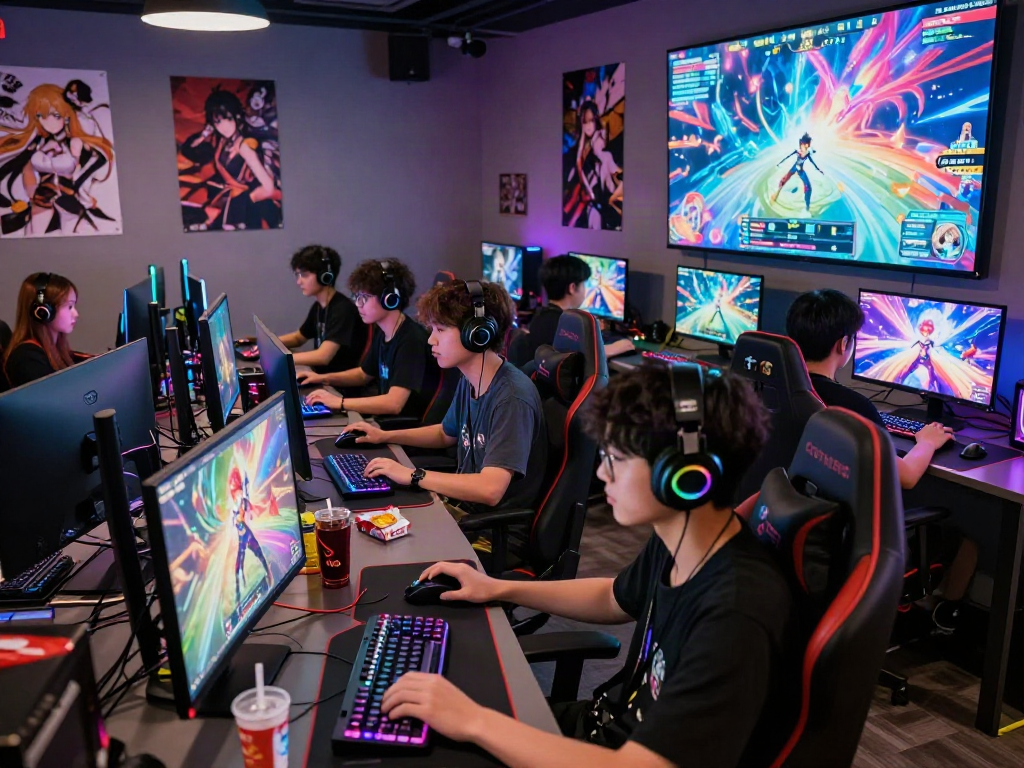 Group of gamers playing hentai games in a vibrant gaming lounge.