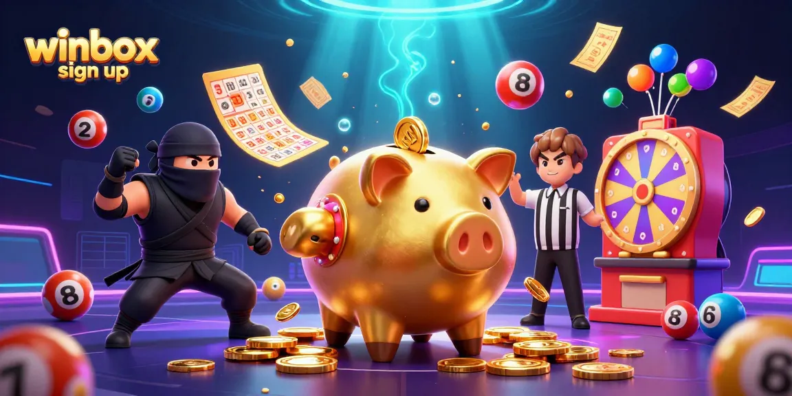 Impressive winbox sign up scene with sumo piggy bank and dynamic lottery elements.