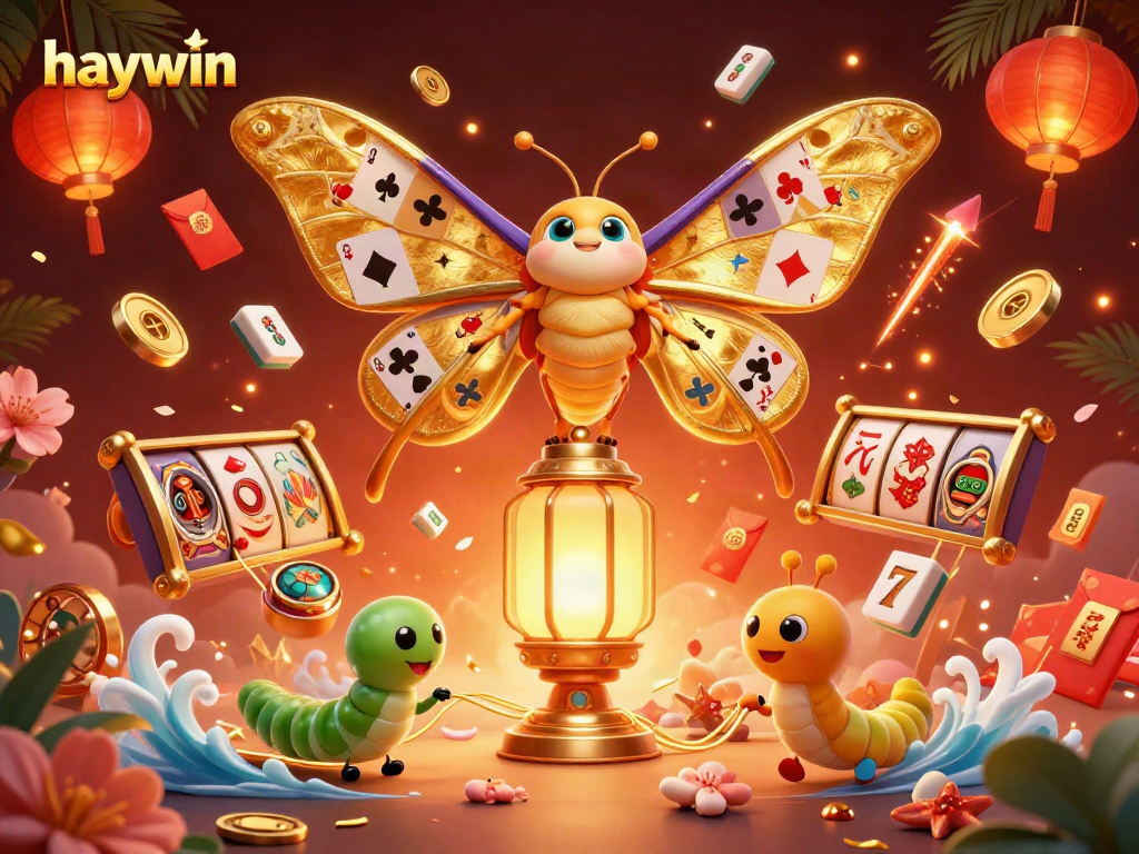 Experience winning thrills at haywin with a vibrant casino illustration featuring golden moths, floating tiles, and festive elements.
