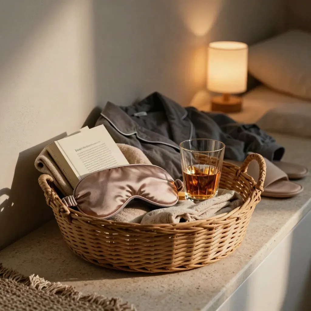 Self-care basket with sleep mask, loungewear, paperback, water glass and slippers on travertine.