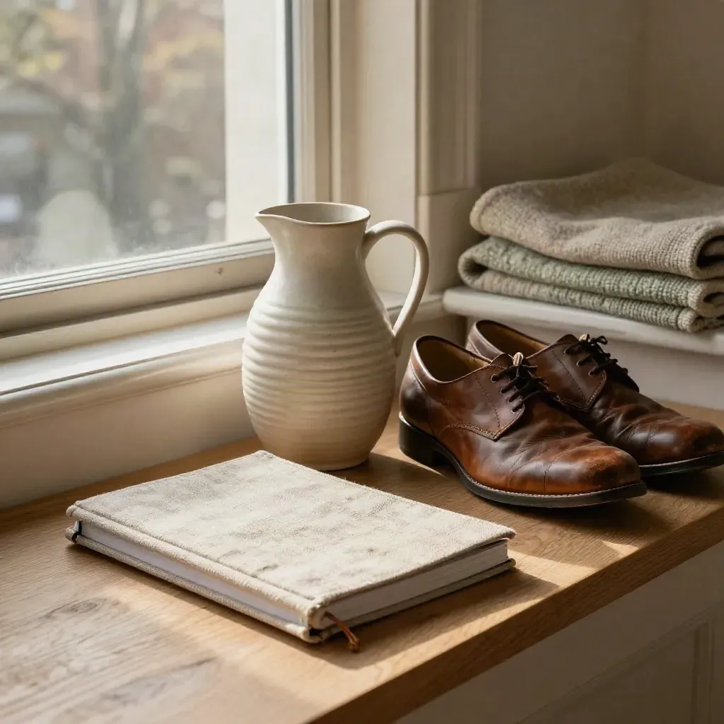 Sunlit London window seat with journal, water jug, walking shoes and folded blanket