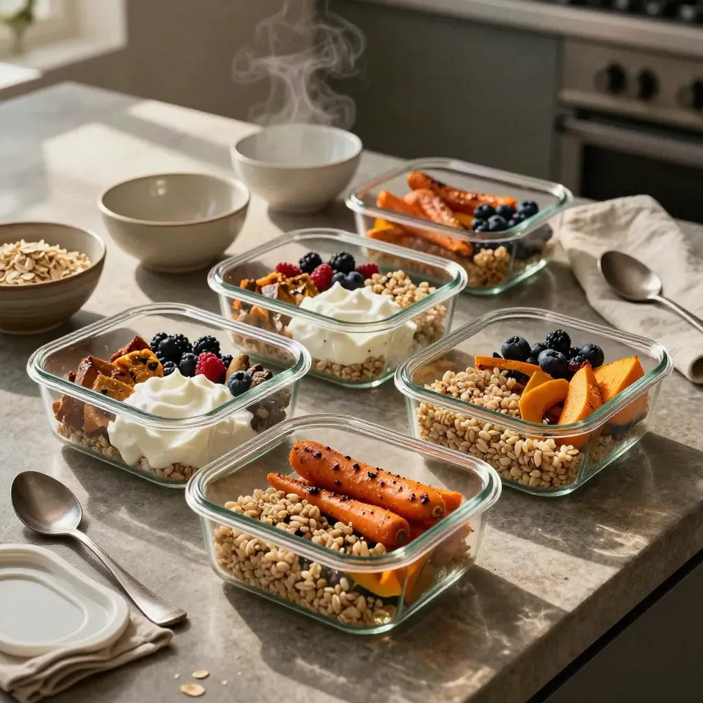 Roasted vegetables, grains, yogurt and berries cooling in glass containers on a stone counter.