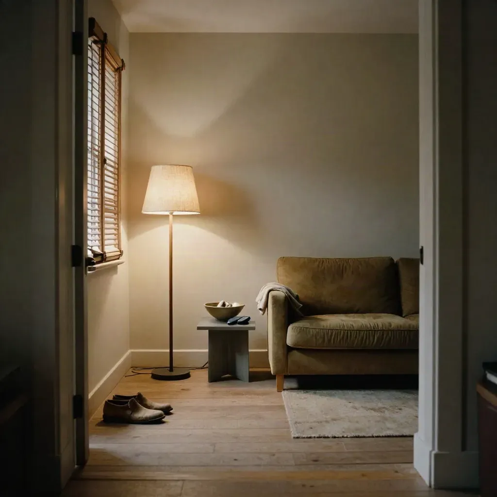 Low doorway view of a quiet living room audit scene with lamp, shoes, phone and side table.