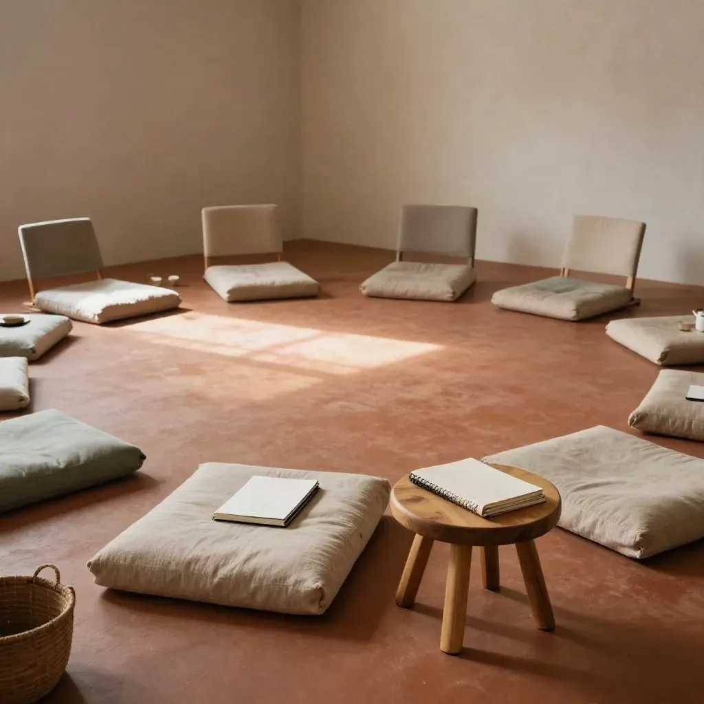 Quiet wellness studio set for a group workshop with cushions, tea tray and chairs.