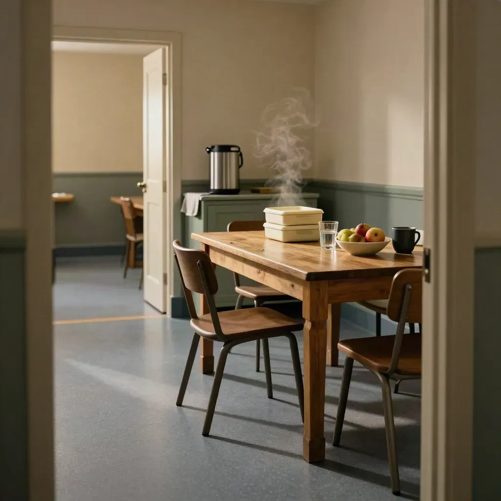 Clinic break room with lunch boxes, urn, fruit bowl, mugs, and pushed-back chairs, ready for lunch breaks.