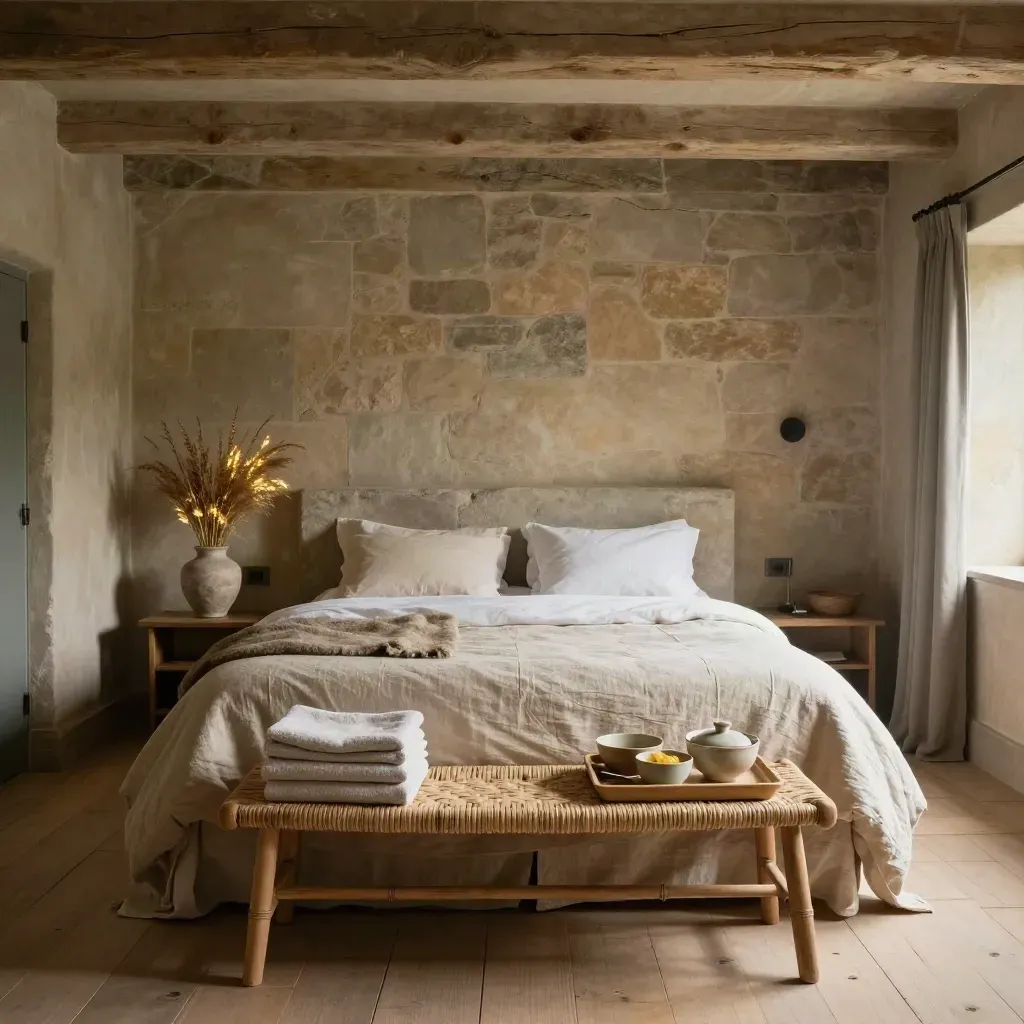 Devon retreat bedroom with linen bedding, towels, meal trays, and a bedside vase in dramatic light