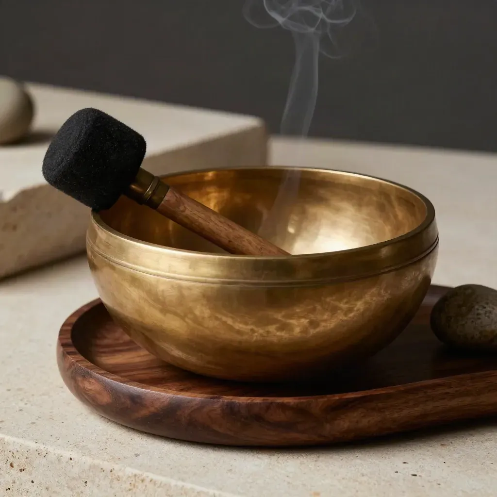 Brass singing bowl, felt mallet and pebble in a walnut tray with incense haze.