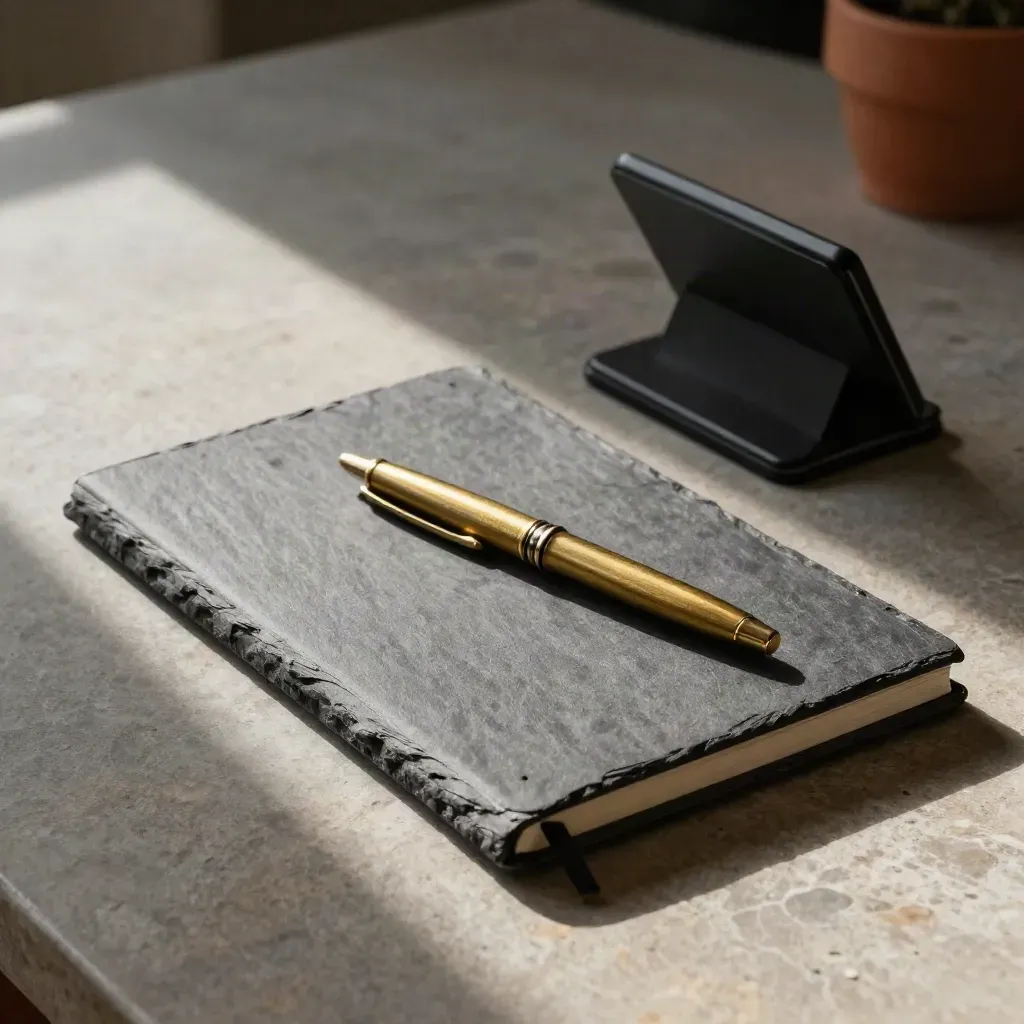 Slate notebook, brass pen and phone cradle on a stone desk in soft side light.