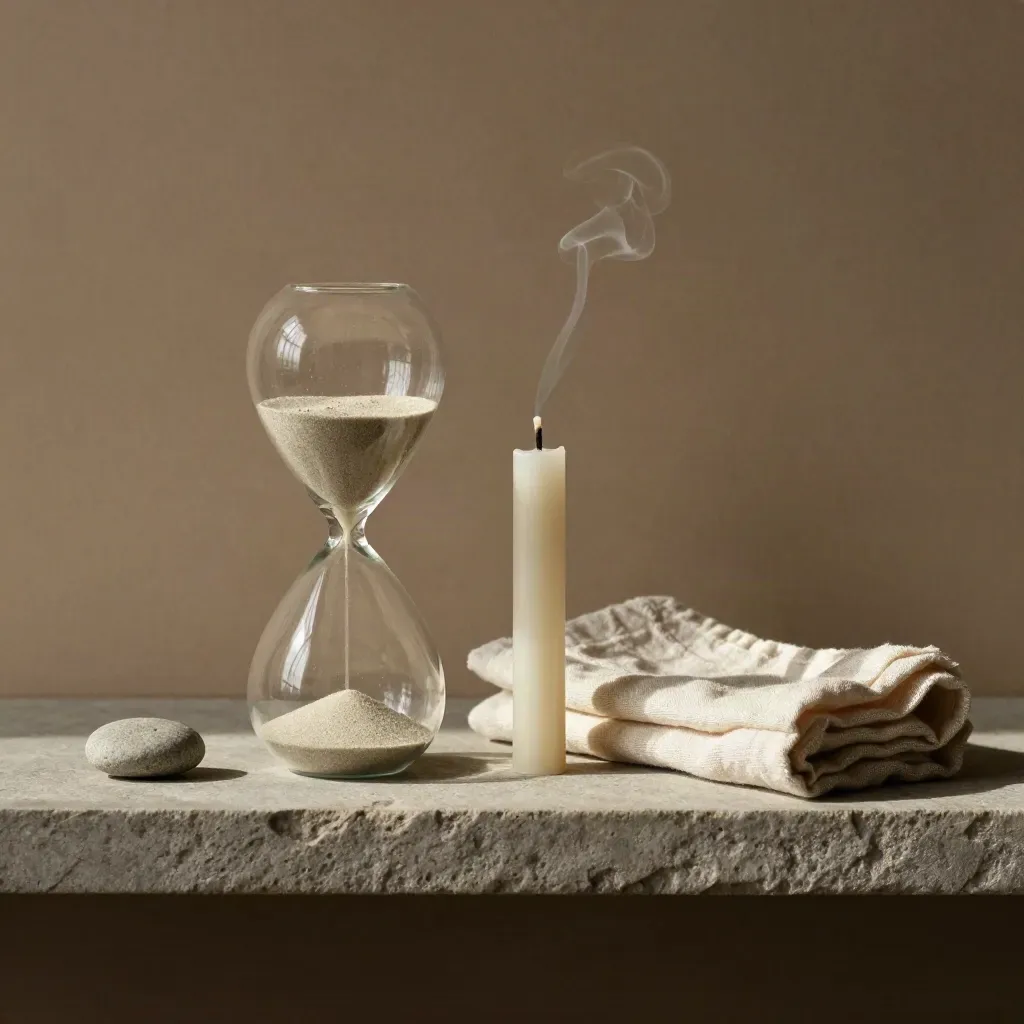 Hourglass, snuffed candle, linen cloth and balancing stone on a stone shelf in soft side light.