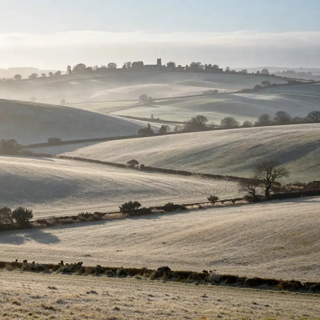 Foggy Surrey and Kent chalk downs at sunrise with hedgerows and distant church line