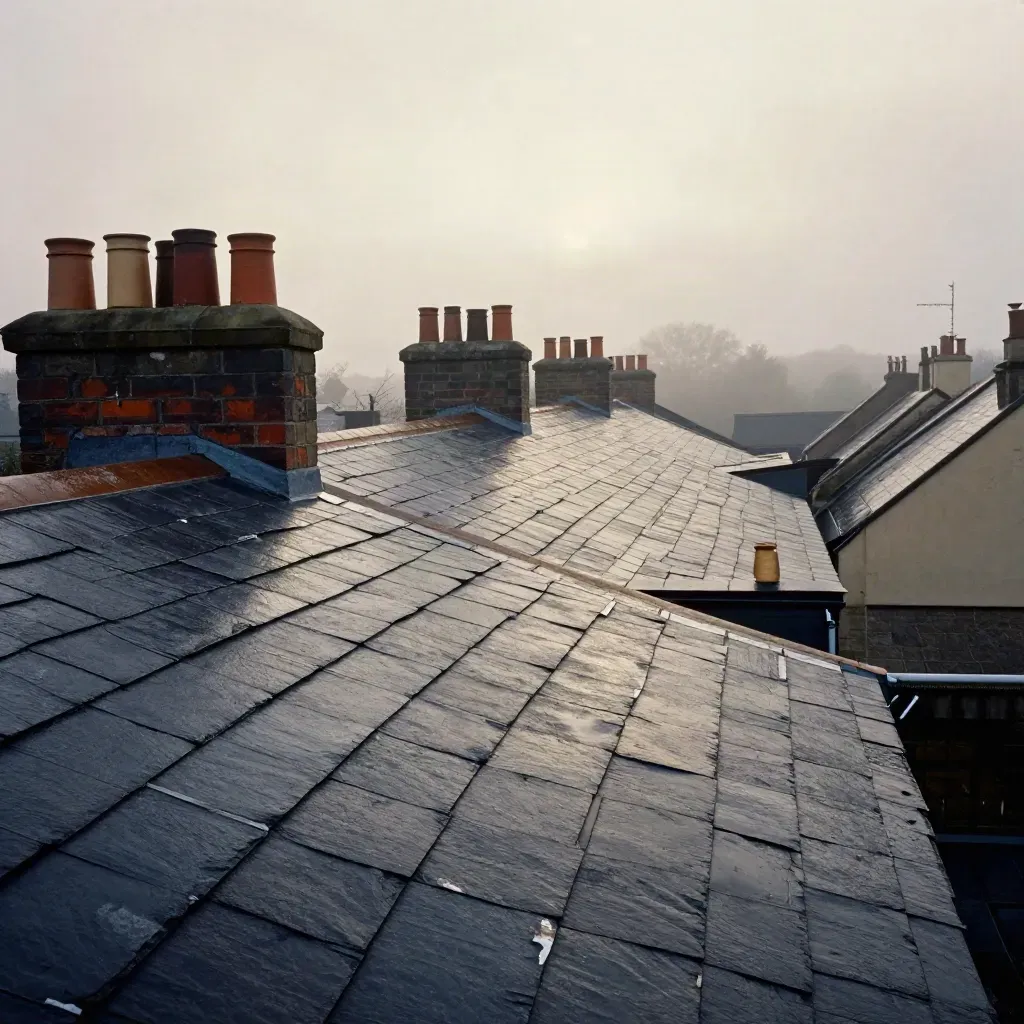 Rain-darkened UK rooftops and chimneys at dawn, with misty calm space for copy.