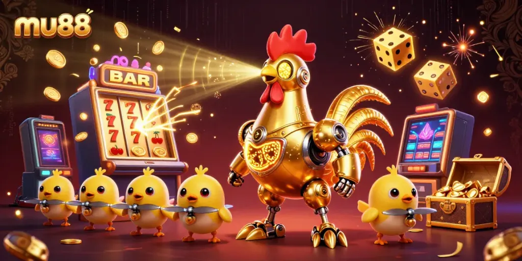 Experience thrilling jackpot action with mu88's 3D casino illustration showcasing golden rooster robot and baby chick drones.
