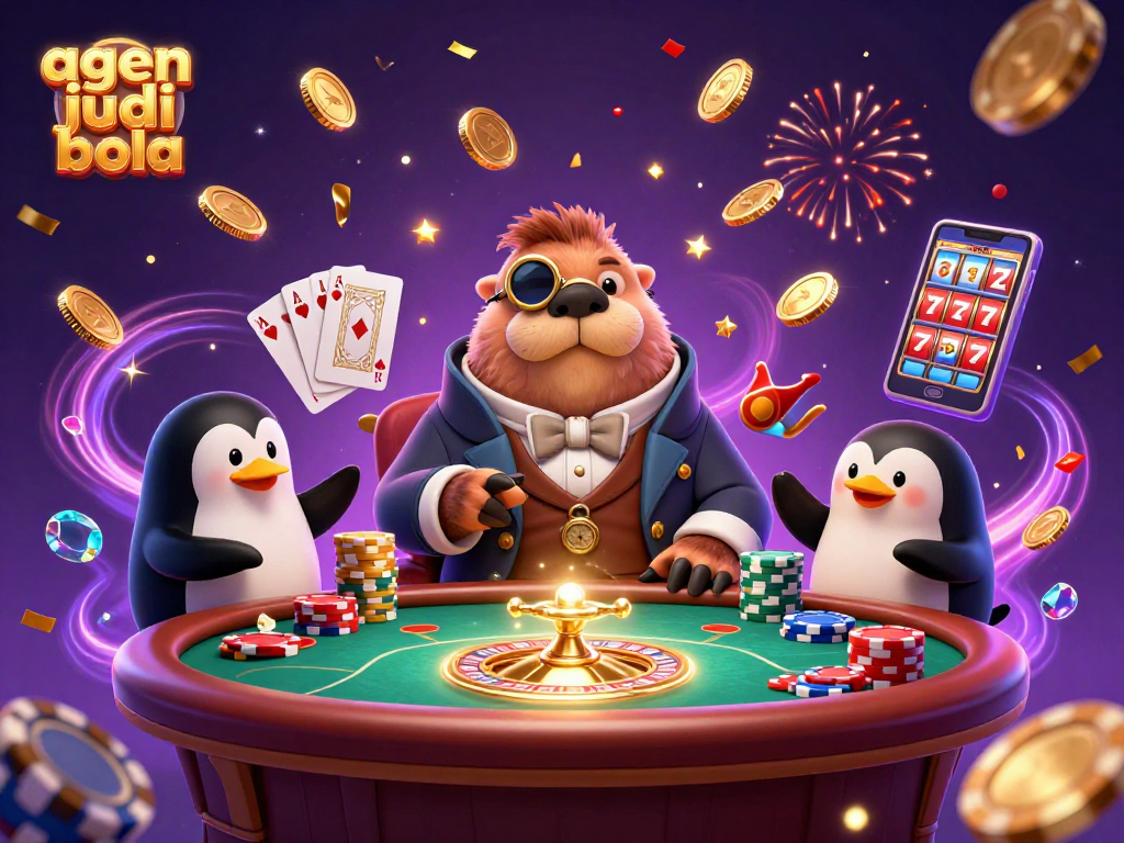 Engage in the thrilling world of agen judi bola with a lively scene featuring a walrus, penguin dealer, and pufferfish player.