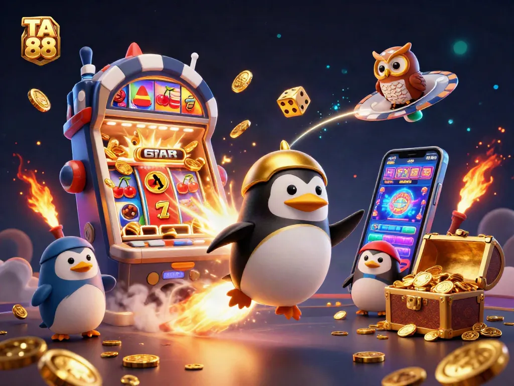 Experience the excitement of TA 88 with a dynamic illustration featuring a golden penguin, vibrant casino elements, and thrilling action.