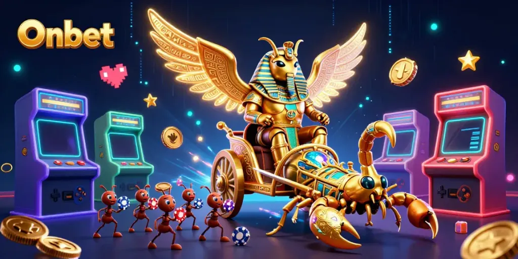Experience thrilling gaming with Onbet’s vibrant casino scene, featuring a golden scarab and scorpions.