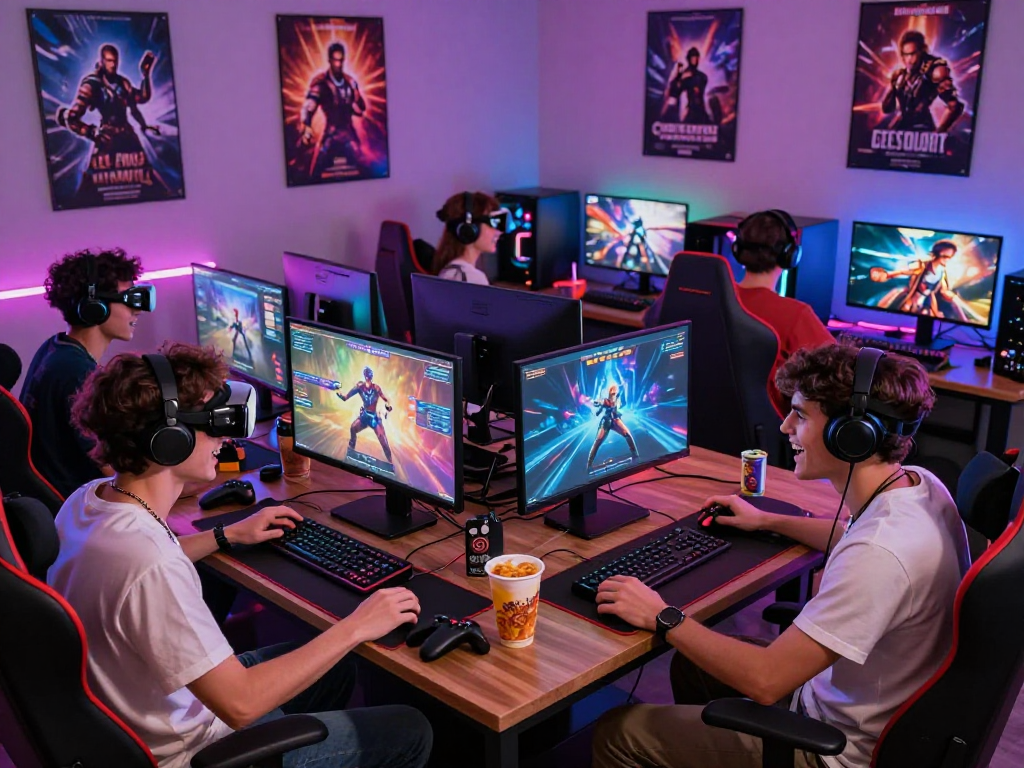 Friends playing engaging porn games in a lively gaming lounge, showcasing excitement and interaction.