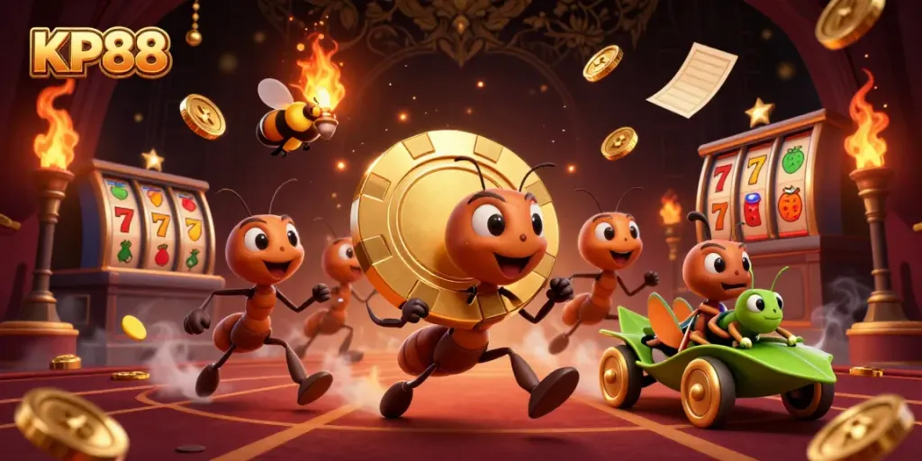 Experience KP88's thrilling gambling scene with playful cartoon ants in an underground heist.