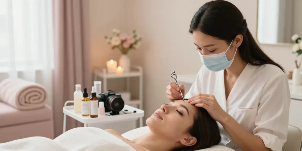 Lash Lift Colchester service in a serene beauty salon with professional aesthetician at work.