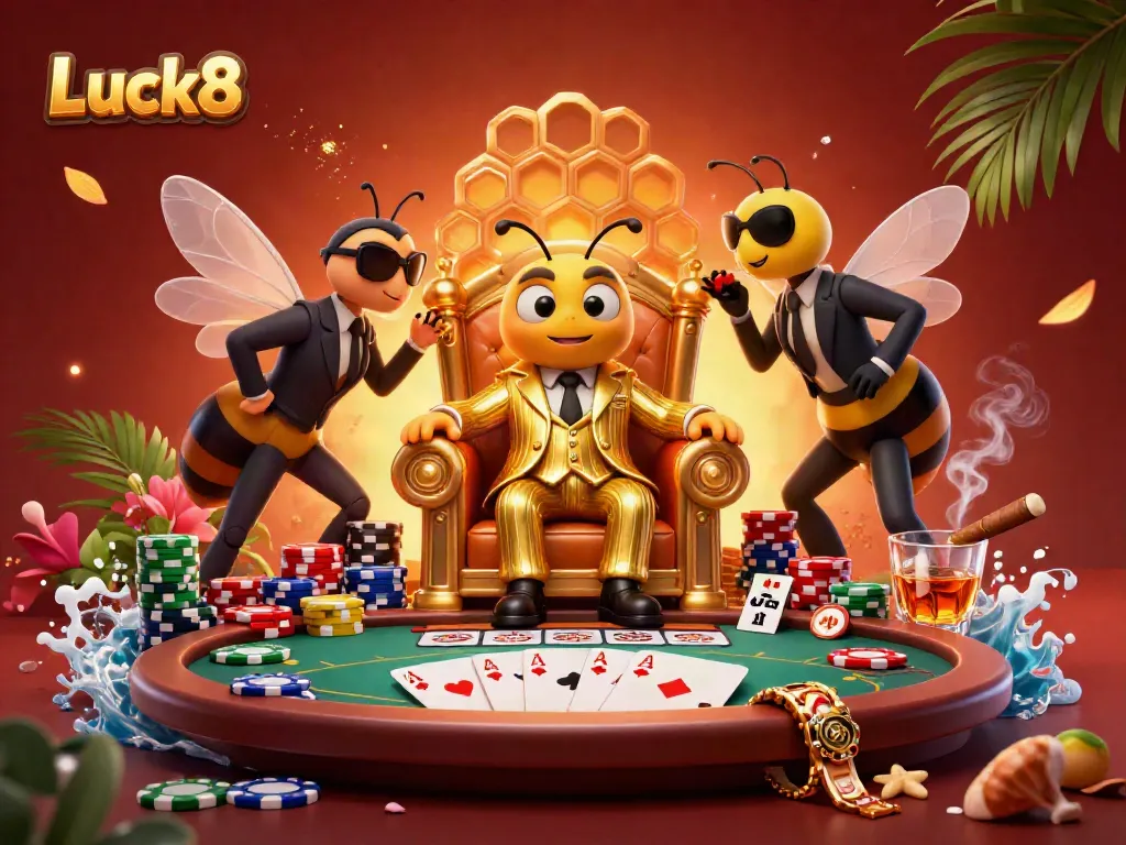 Luck8 displays vibrant gambling elements featuring a bumblebee mob boss with poker chips and cards in a dynamic casino scene.