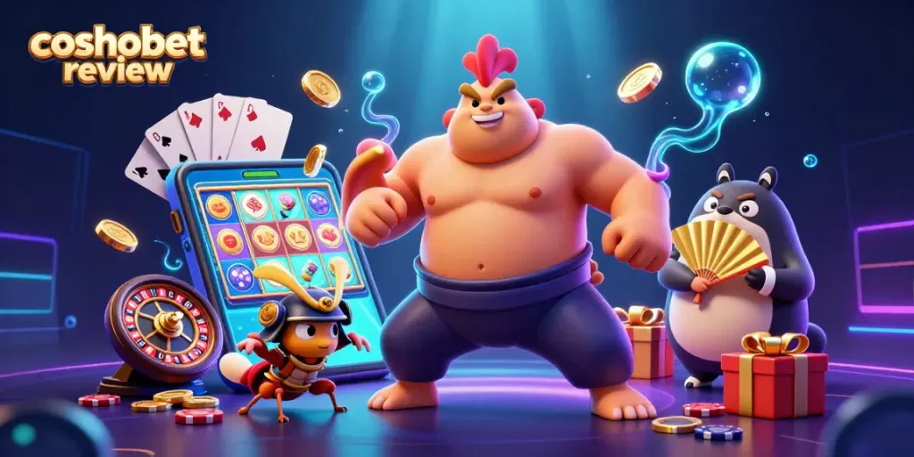 Engage with the vibrant cosmobet review featuring a powerful sumo wrestler rooster amidst casino games and glowing effects.