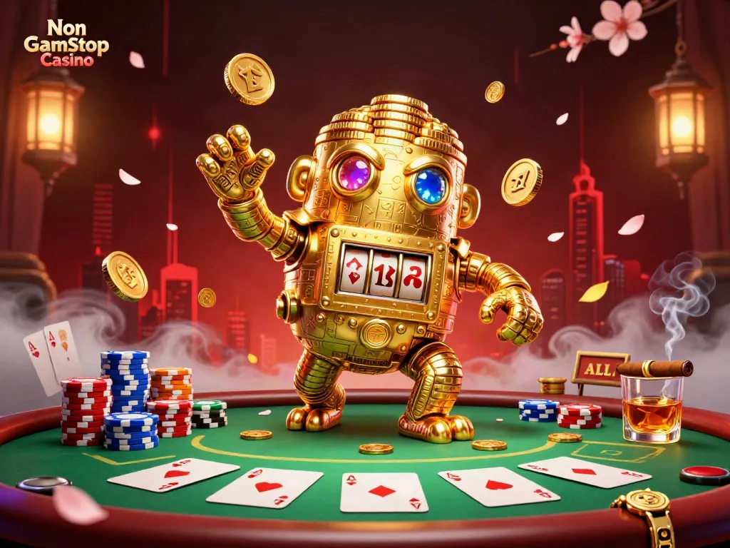 Experience the thrill of Non Gamstop Casino with a vibrant 3D illustration showcasing a golden golem amidst iconic poker elements.